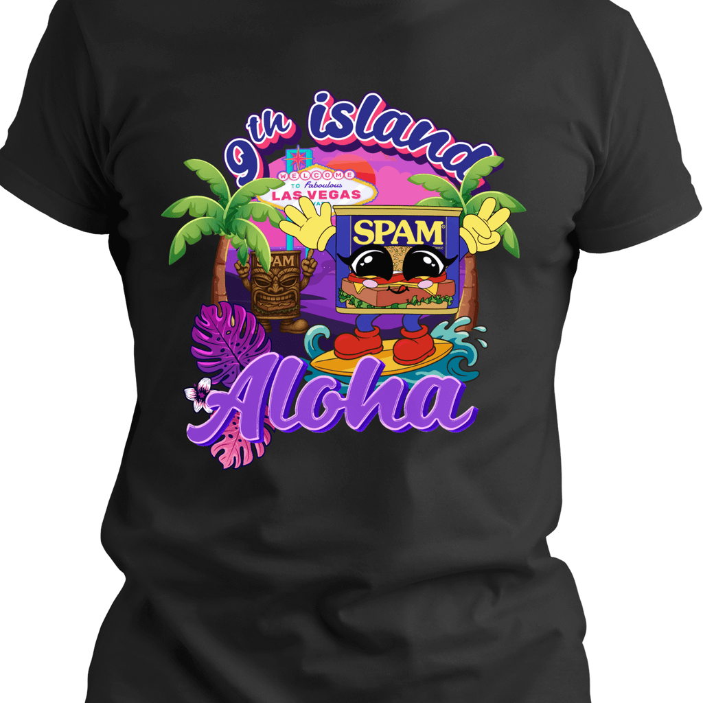 Black t-shirt with colorful 'Oh Island Aloha' graphic featuring Spam and palm trees.