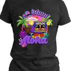 Black t-shirt with colorful 'Oh Island Aloha' graphic featuring Spam and palm trees.