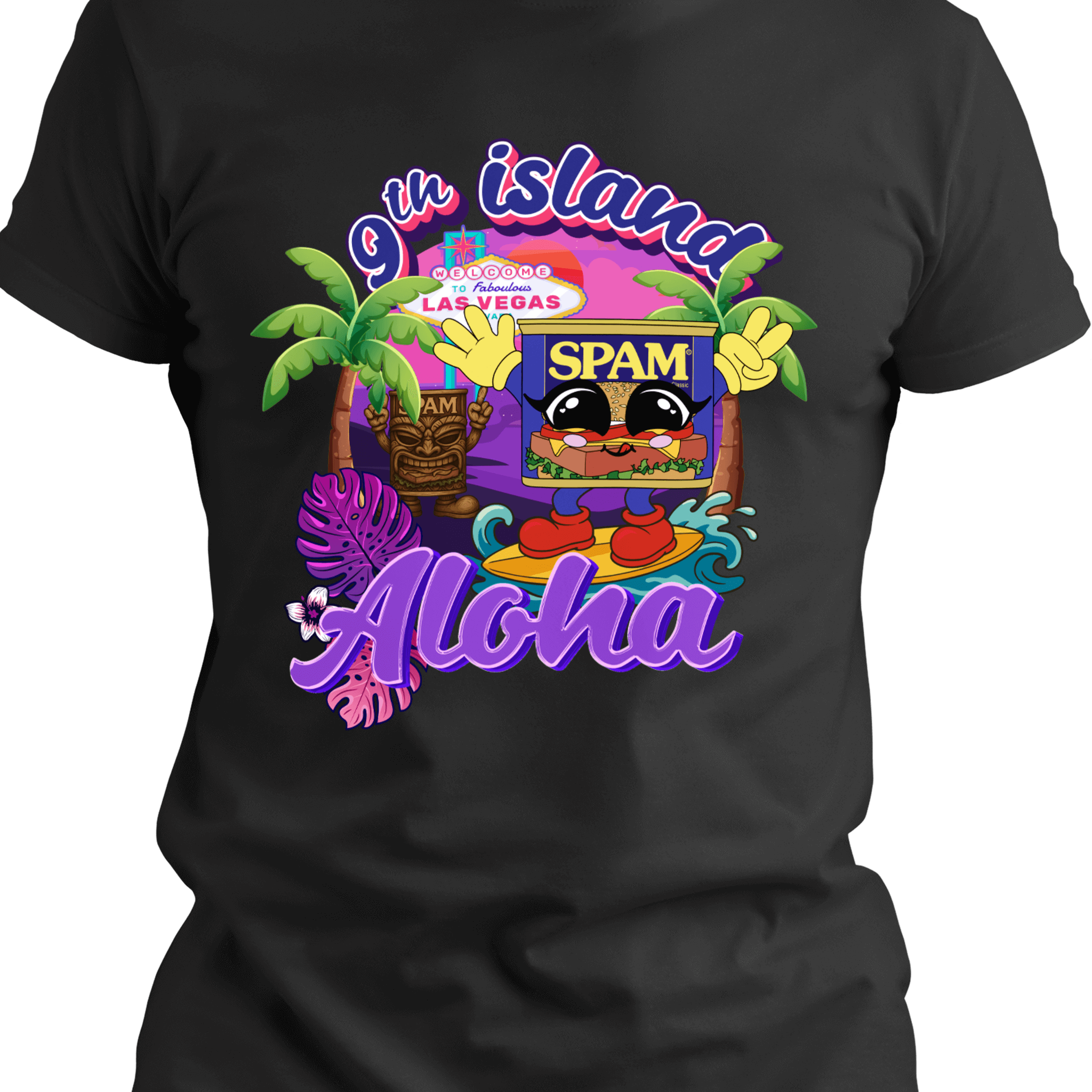 Black t-shirt with colorful 'Oh Island Aloha' graphic featuring Spam and palm trees.