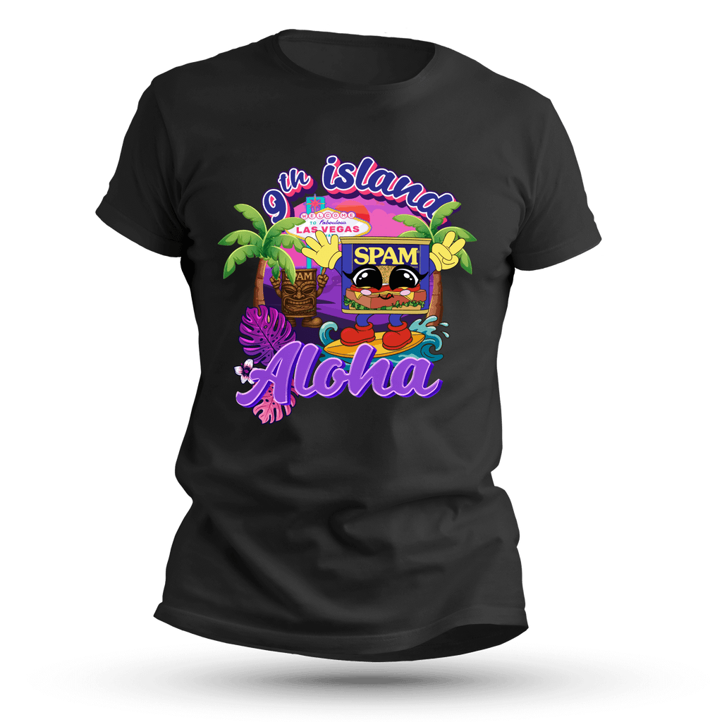 Black t-shirt with colorful graphic design featuring a Spam can and tropical elements on a black background.