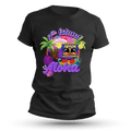 Black t-shirt with colorful graphic design featuring a Spam can and tropical elements on a black background.