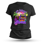 Black t-shirt with colorful graphic design featuring a Spam can and tropical elements on a black background.