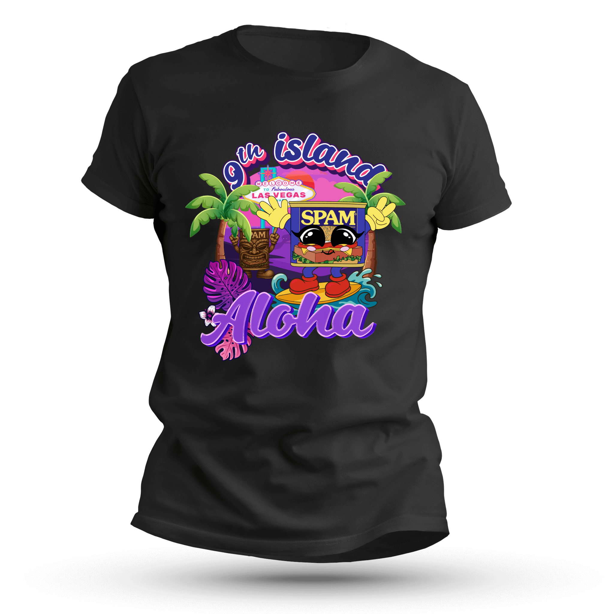 Black t-shirt with colorful graphic design featuring a Spam can and tropical elements on a black background.
