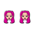 Blazeheart-inspired stainless steel earring studs with pink mystic design, K-pop idol warrior aesthetic, displayed on carded backing.