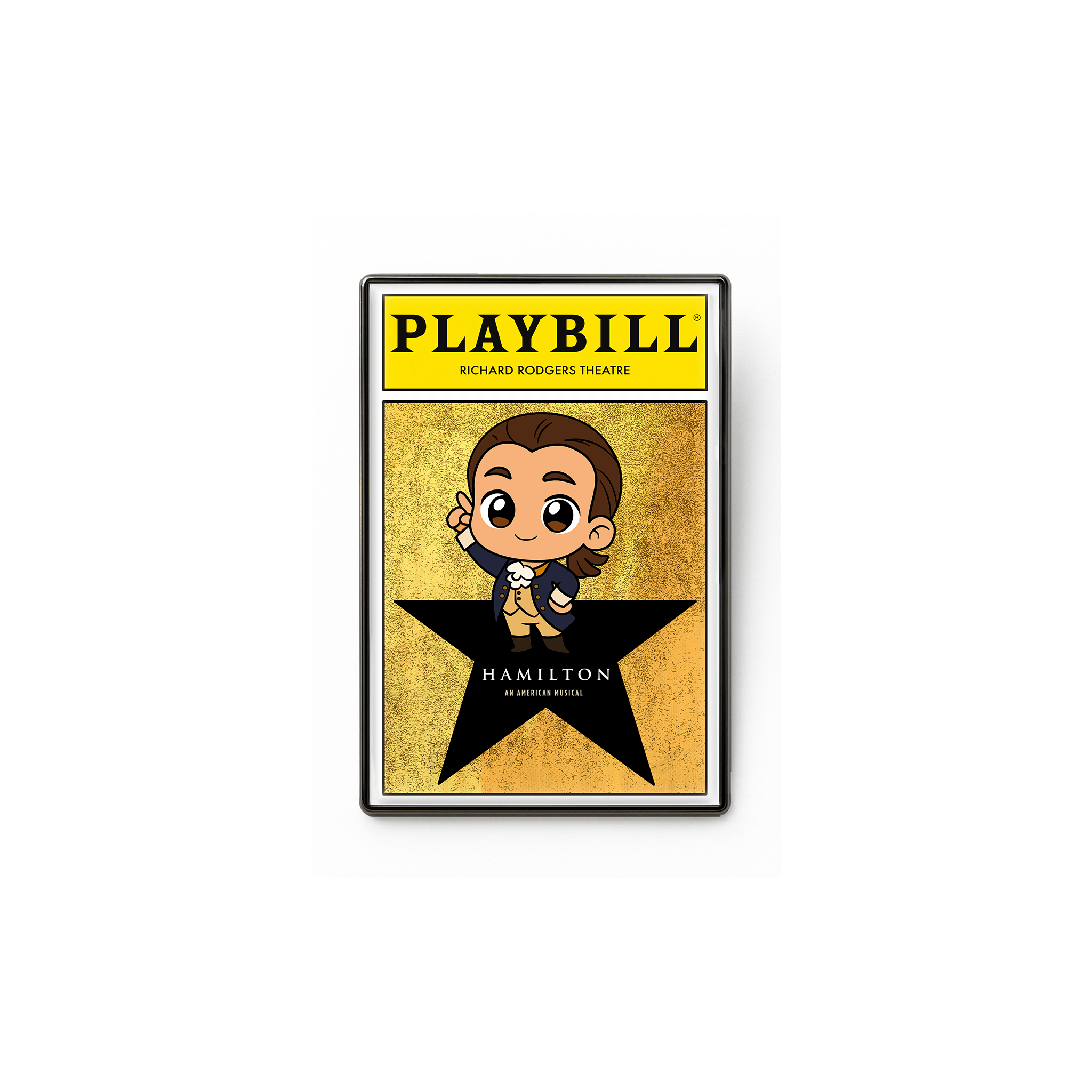 Stylized enamel lapel pin featuring a cartoon Founding Father inspired by Hamilton, standing on a black star with a gold background. UV-printed artwork by Jo2 of Artistic Flavorz.