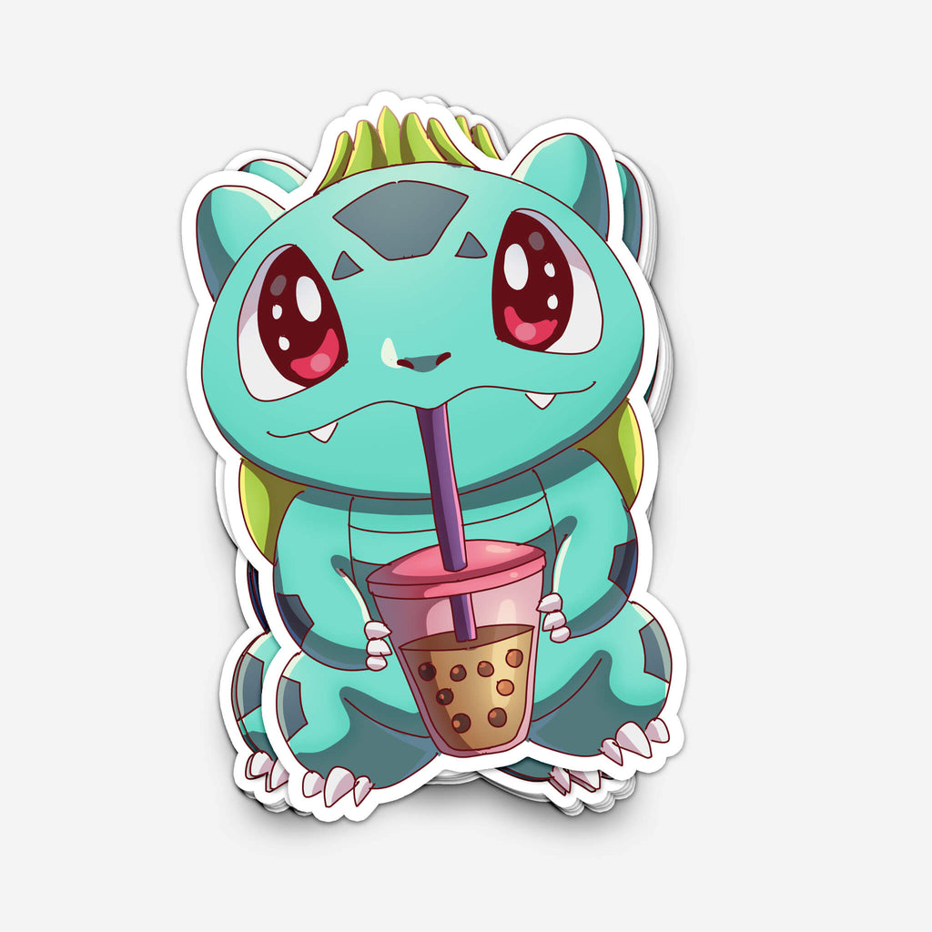 Green Bulb Pocket Monster Drinking Boba Sticker (#1193) - Artistic Flavorz