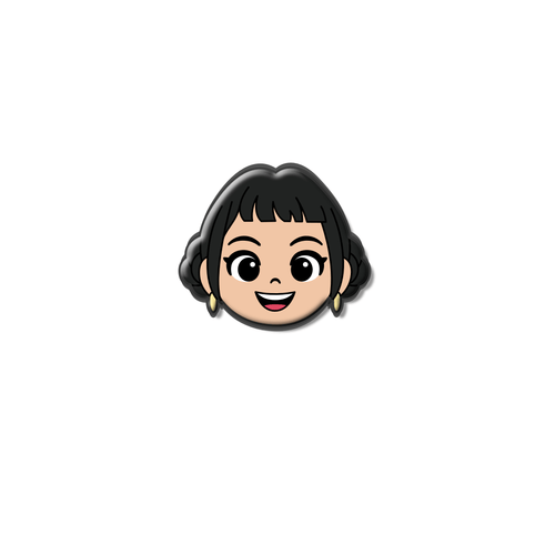 Kawaii chibi-style girl with buns and hoop earrings smiling – Charm Slayer Mini Enamel Pin – K-pop Inspired Demon Hunter