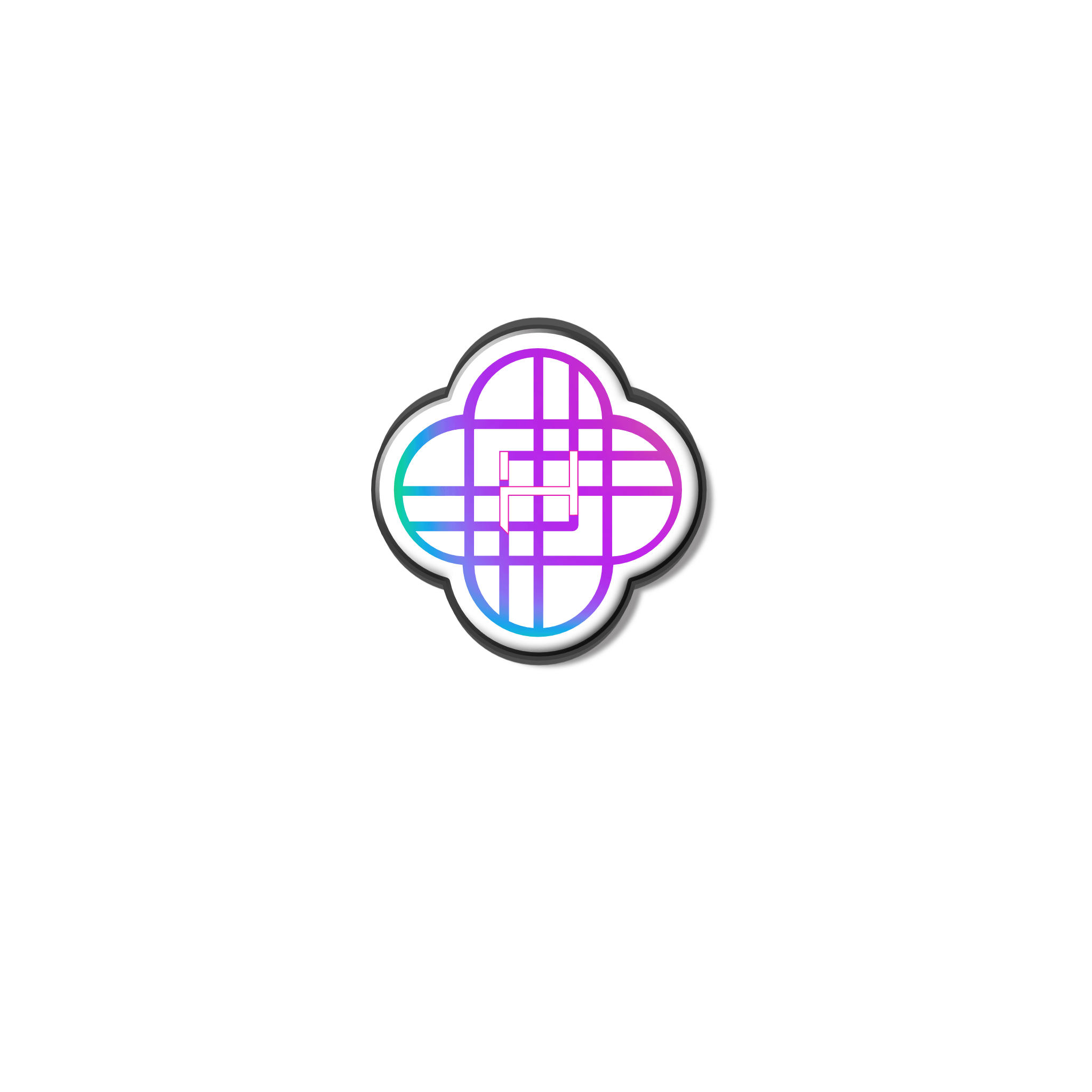 K-pop Demon Hunter inspired mini enamel pin in a geometric petal shape with gradient purple, pink, and teal lines on a white background.