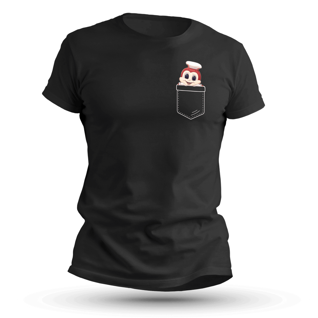 Happy Bee Pocket T-shirt with a cartoon Jollibee mascot character peeking out of a small, false pocket on a black t-shirt