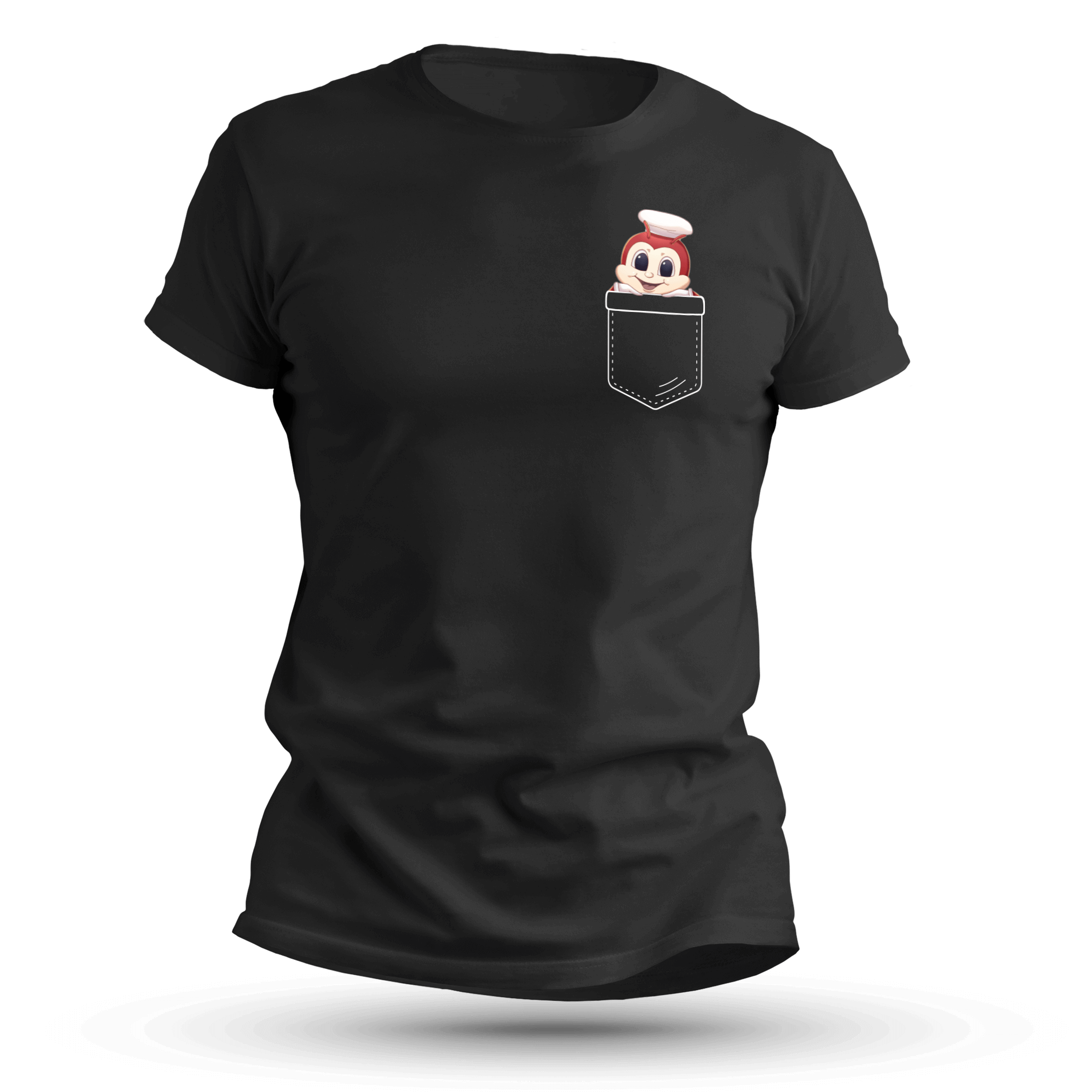 Happy Bee Pocket T-shirt with a cartoon Jollibee mascot character peeking out of a small, false pocket on a black t-shirt