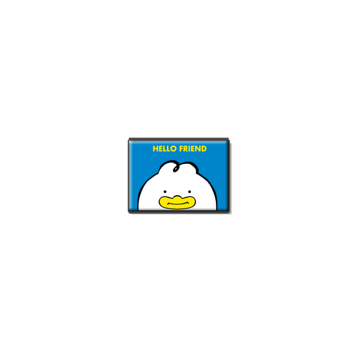 Chibi duck enamel pin with a yellow beak and the words ‘HELLO FRIEND’ above its head on a bright blue background. Cute and minimal K-pop-inspired design with bold outlines.