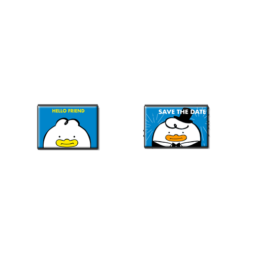 Side-by-side stainless steel stud earrings inspired by "Hello Friend" and "Save the Date" cards, featuring a duck character with a bold, idol-style expression.
