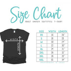 Black t-shirt with size chart on a white background