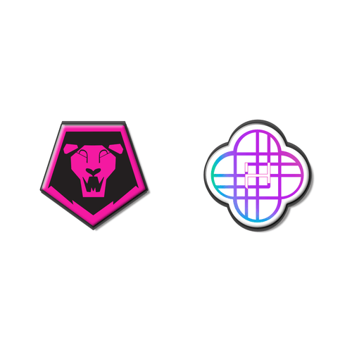 K-pop inspired stainless steel earring stud set featuring a pink lion crest and a holographic geometric symbol – perfect for fans of bold and futuristic idol concepts.