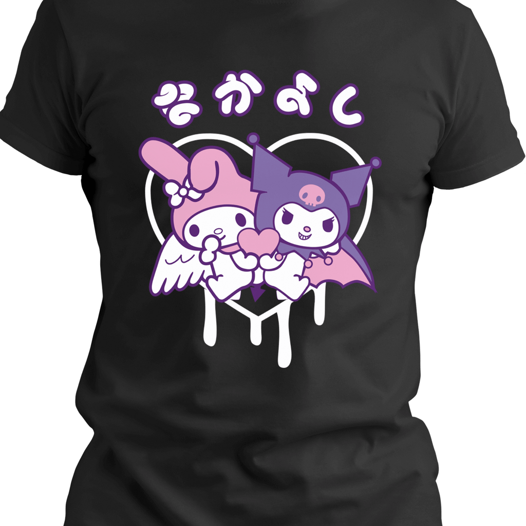 Close-up of pastel pink angel and purple bat heart graphic on black Tultex 202 cotton t-shirt, kawaii anime-inspired design