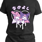 Close-up of pastel pink angel and purple bat heart graphic on black Tultex 202 cotton t-shirt, kawaii anime-inspired design