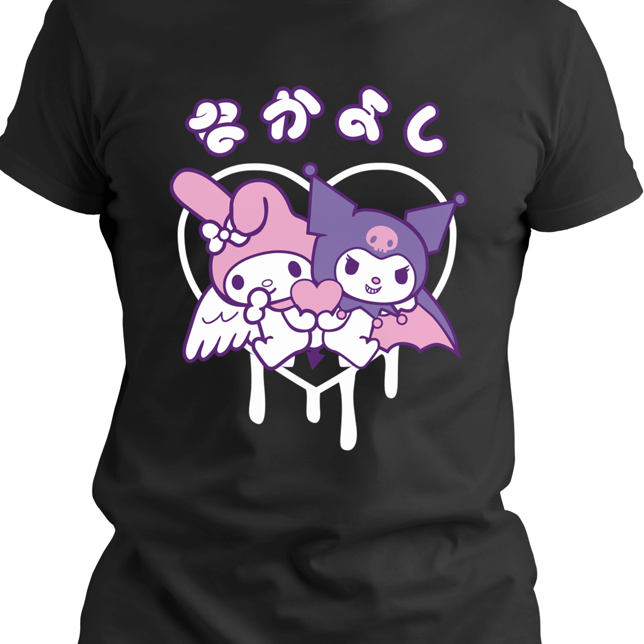 Close-up of pastel pink angel and purple bat heart graphic on black Tultex 202 cotton t-shirt, kawaii anime-inspired design