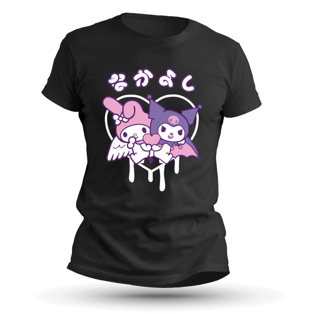 Front view of black Tultex 202 cotton t-shirt with kawaii angel and bat character graphic in pastel colors, unisex fit