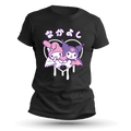 Front view of black Tultex 202 cotton t-shirt with kawaii angel and bat character graphic in pastel colors, unisex fit