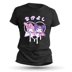 Front view of black Tultex 202 cotton t-shirt with kawaii angel and bat character graphic in pastel colors, unisex fit