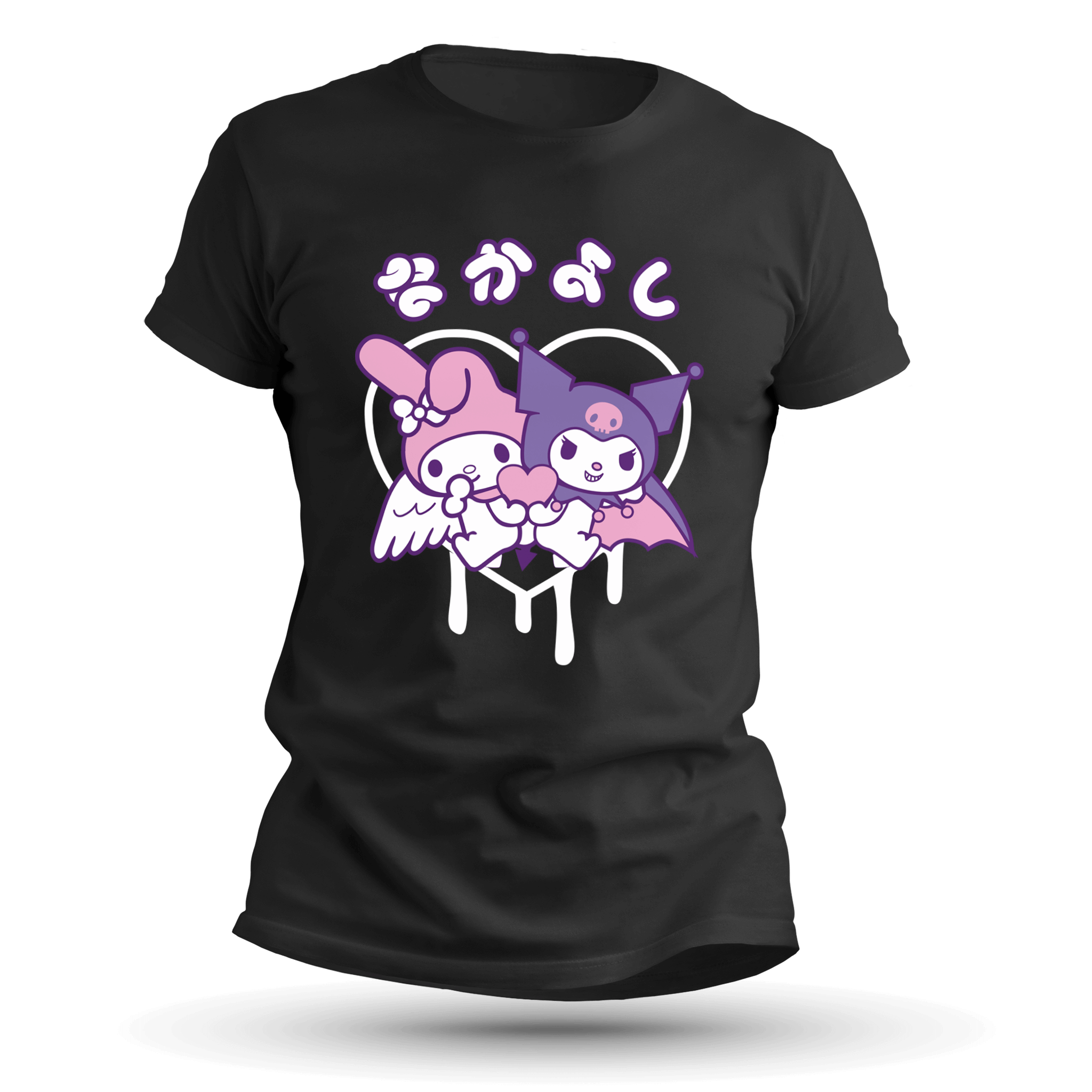 Front view of black Tultex 202 cotton t-shirt with kawaii angel and bat character graphic in pastel colors, unisex fit