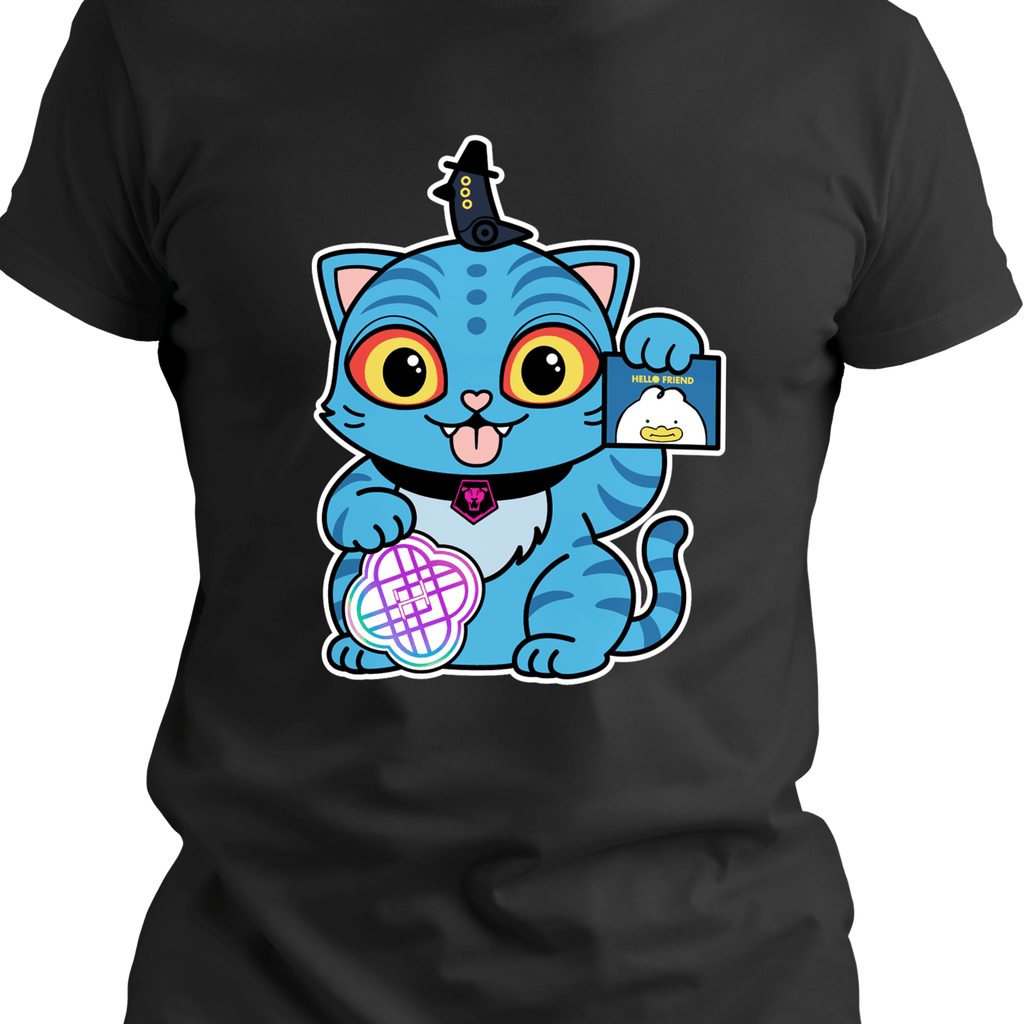 A black t-shirt with a cartoon of a cute blue cat with stripes, yellow eyes, and a small black horn, holding a light stick and a geometric cosmic design.