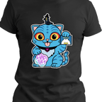 A black t-shirt with a cartoon of a cute blue cat with stripes, yellow eyes, and a small black horn, holding a light stick and a geometric cosmic design.