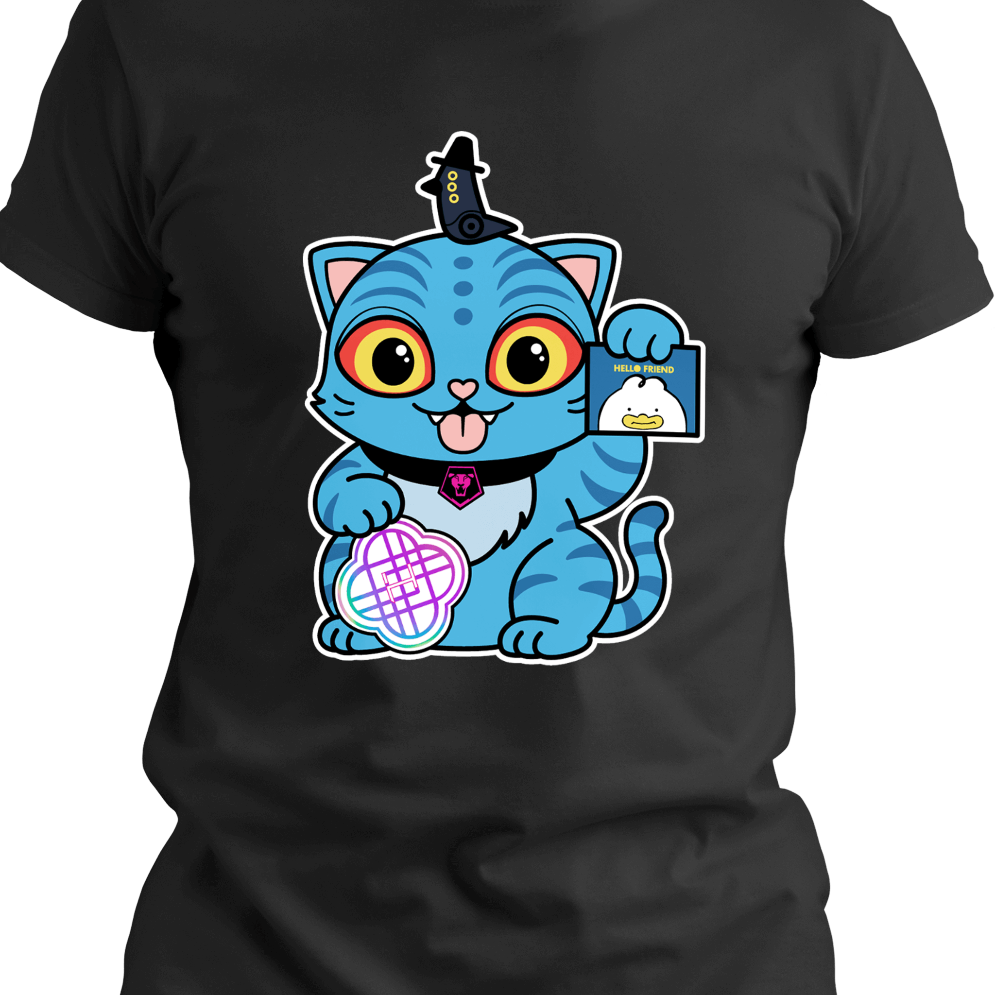 A black t-shirt with a cartoon of a cute blue cat with stripes, yellow eyes, and a small black horn, holding a light stick and a geometric cosmic design.