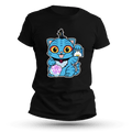 A black t-shirt with a cartoon of a cute blue cat with stripes, yellow eyes, and a small black horn, holding a light stick and a geometric cosmic design