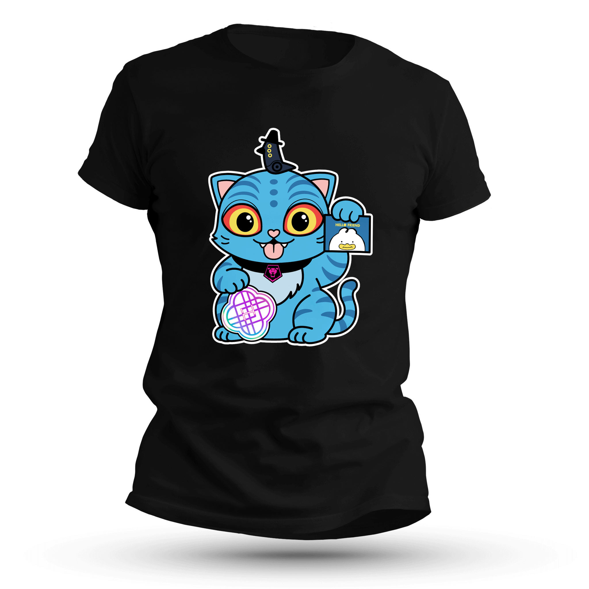 A black t-shirt with a cartoon of a cute blue cat with stripes, yellow eyes, and a small black horn, holding a light stick and a geometric cosmic design