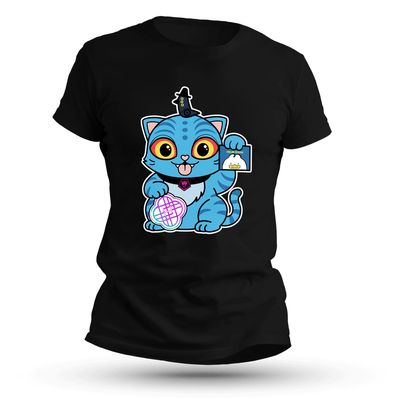 A black t-shirt with a cartoon of a cute blue cat with stripes, yellow eyes, and a small black horn, holding a light stick and a geometric cosmic design