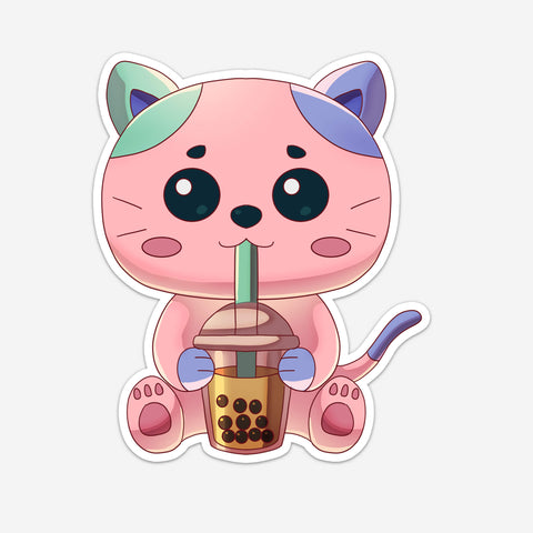 Colorful Kitty Drinking Boba Sticker (#1191) - Artistic Flavorz
