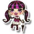 Cartoon character with striped hair and purple accents on a white background