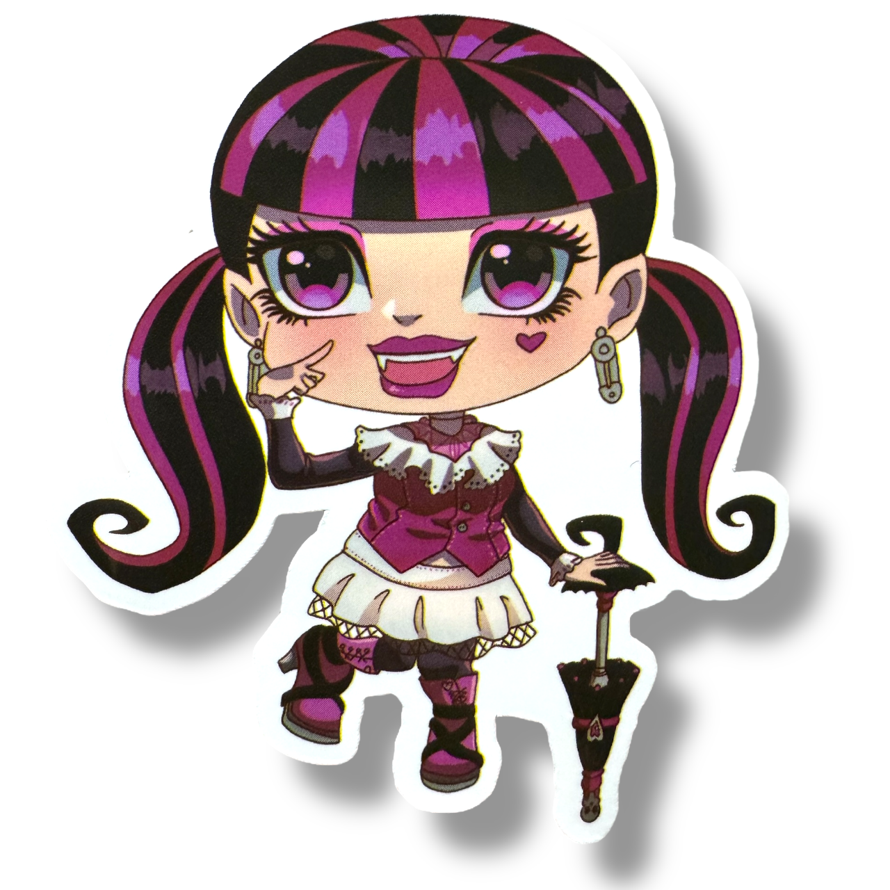 Cartoon character with striped hair and purple accents on a white background