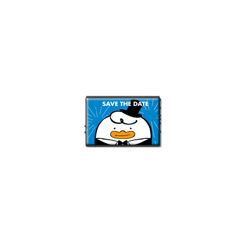 Save the Date mini enamel pin featuring a chibi duck in a suit and top hat. K-pop inspired with bold lines and playful charm