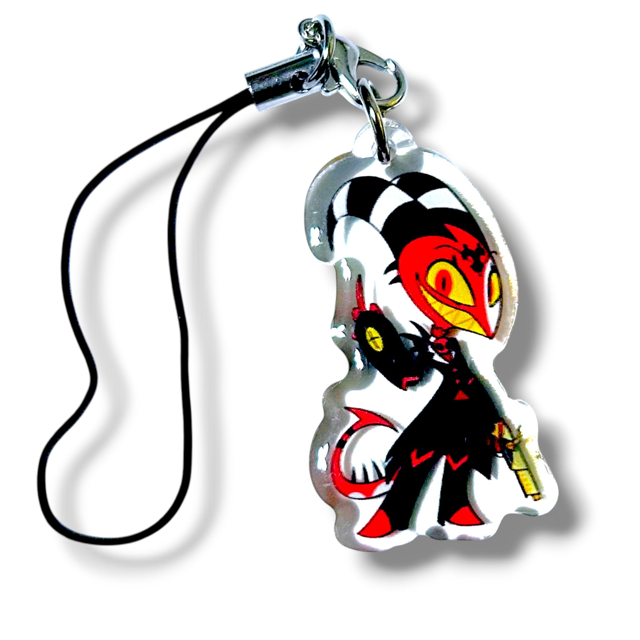 Stylized acrylic keychain charm featuring a red and black imp-like character with black and white horns, red eyes, and a devilish smile. The character holds a golden gun in one hand and wears a predominantly black outfit with red accents. The design is bold and expressive, making it a striking collectible for fans of edgy, adult-themed animated characters. The charm is attached to a black strap with a silver clasp.