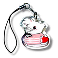 Acrylic keychain charm featuring a cartoon-style bird character with white feathers, red eyes, and pink blush on its cheeks. The character wears a pink-and-white striped shirt, a small black bowtie, and a monocle over one eye, giving it a distinguished and playful look. It holds a red-and-white cup or mug and is attached to a black strap with a silver clasp. The design is expressive and whimsical, ideal for fans of stylized animal characters and collectible accessories.