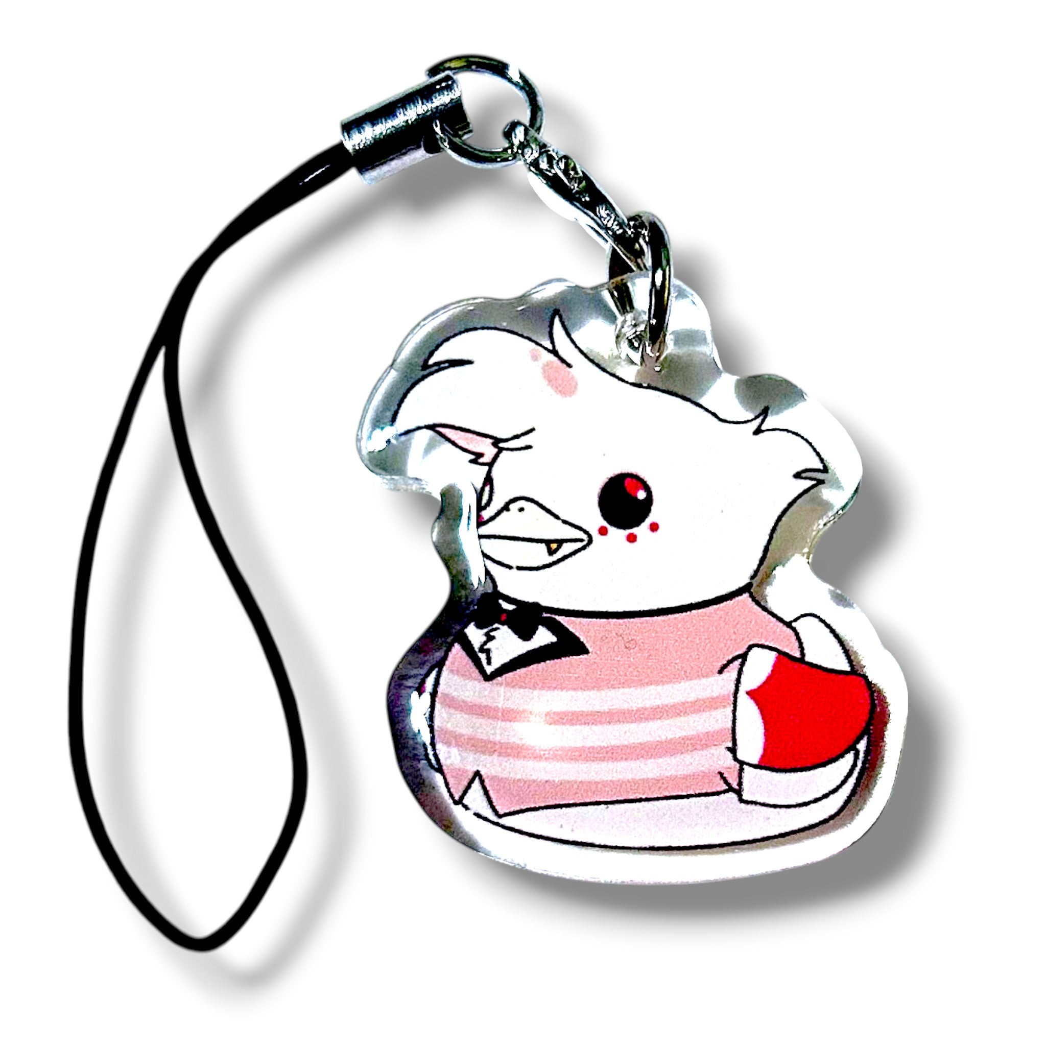 Acrylic keychain charm featuring a cartoon-style bird character with white feathers, red eyes, and pink blush on its cheeks. The character wears a pink-and-white striped shirt, a small black bowtie, and a monocle over one eye, giving it a distinguished and playful look. It holds a red-and-white cup or mug and is attached to a black strap with a silver clasp. The design is expressive and whimsical, ideal for fans of stylized animal characters and collectible accessories.