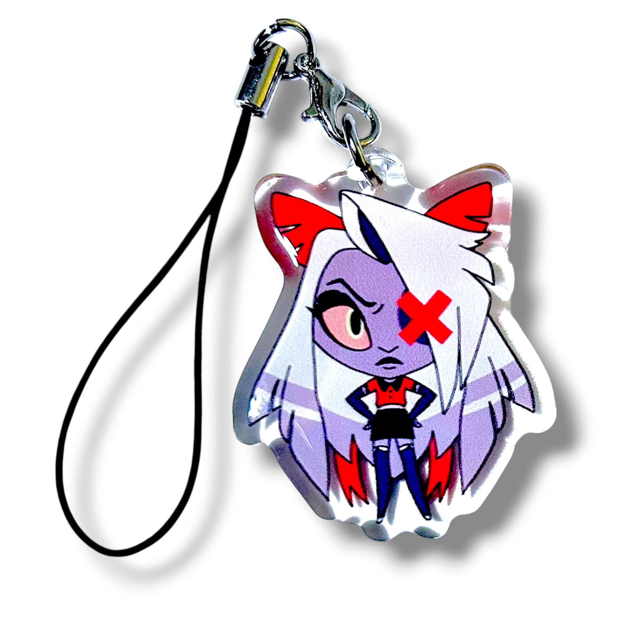 Stylized acrylic keychain charm featuring a humanoid character with long white hair tipped in red, large red and white ears, and a red “X” over one eye. The character has a stern expression with arms crossed and wears a black and red outfit. The charm is attached to a black strap with a silver clasp, making it a bold and collectible accessory for fans of animated exorcist themes.