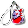 Acrylic keychain charm featuring a stylized humanoid character with a robotic or armored appearance. The character has white hair with red highlights, a red “X” over one eye, and wears a red outfit with black accents. The design includes purple and white elements and is attached to a black strap with a silver clasp. The overall aesthetic is bold and futuristic, ideal for fans of animated exorcist or angel-themed characters.