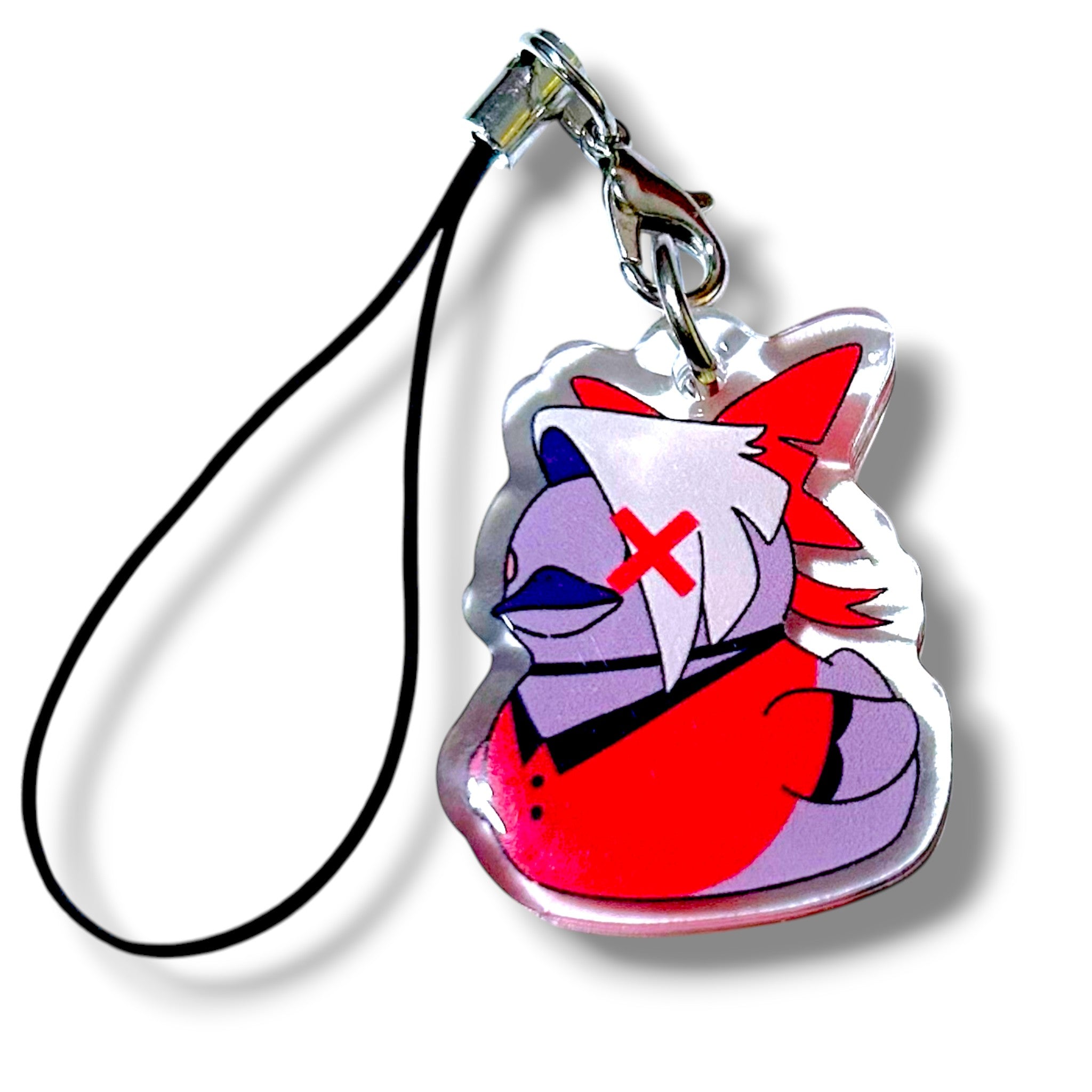 Acrylic keychain charm featuring a stylized humanoid character with a robotic or armored appearance. The character has white hair with red highlights, a red “X” over one eye, and wears a red outfit with black accents. The design includes purple and white elements and is attached to a black strap with a silver clasp. The overall aesthetic is bold and futuristic, ideal for fans of animated exorcist or angel-themed characters.