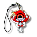 Acrylic keychain charm featuring a cartoon cyclops character with a large red eye, red and yellow spiky hair, and a wide toothy grin. The character wears a red and white outfit with a bow tie and has small white legs. The charm is attached to a black strap with a silver clasp, making it a quirky and collectible accessory for fans of chaotic cuteness and stylized monster designs.