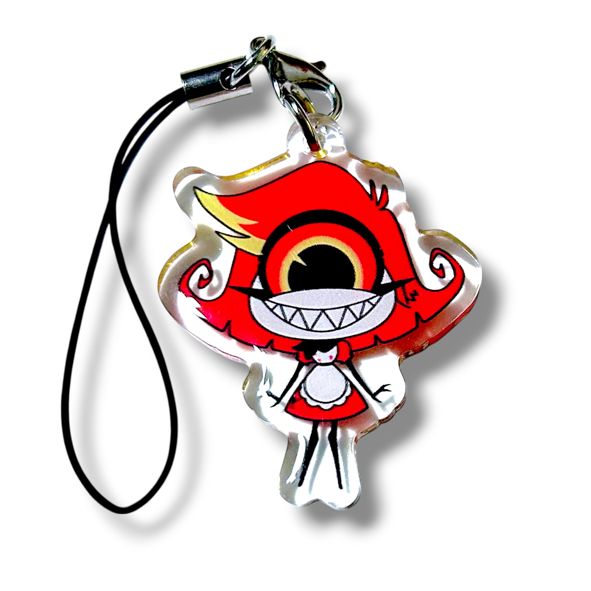 Acrylic keychain charm featuring a cartoon cyclops character with a large red eye, red and yellow spiky hair, and a wide toothy grin. The character wears a red and white outfit with a bow tie and has small white legs. The charm is attached to a black strap with a silver clasp, making it a quirky and collectible accessory for fans of chaotic cuteness and stylized monster designs.