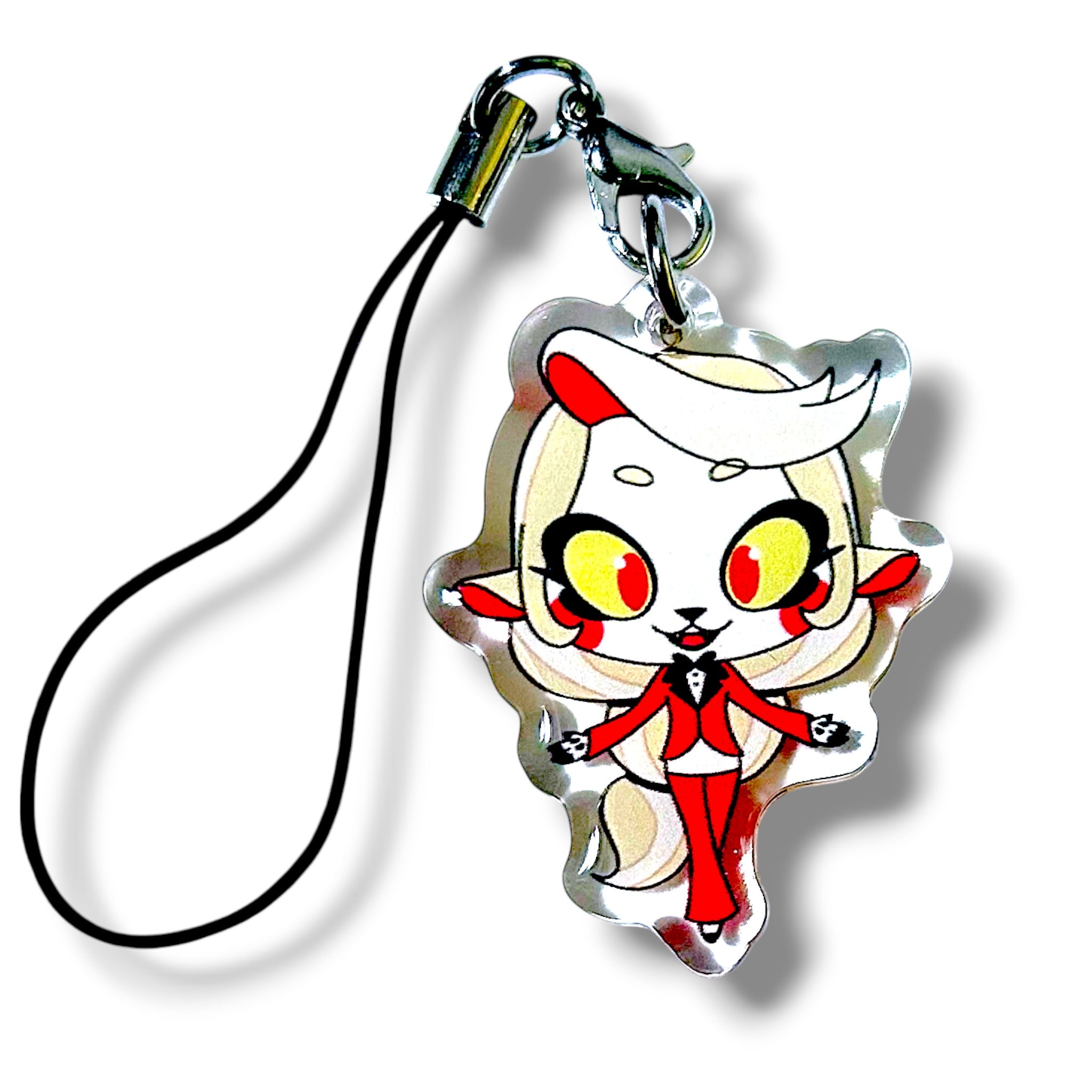 Stylized acrylic keychain charm featuring a humanoid character with large yellow and red eyes, white hair with a red streak, and a confident stance. The character wears a red suit with a black tie and has arms slightly extended. The design is bold and vibrant, with a devilish elegance that appeals to fans of adult-themed animated characters. The charm is attached to a black strap with a silver clasp.