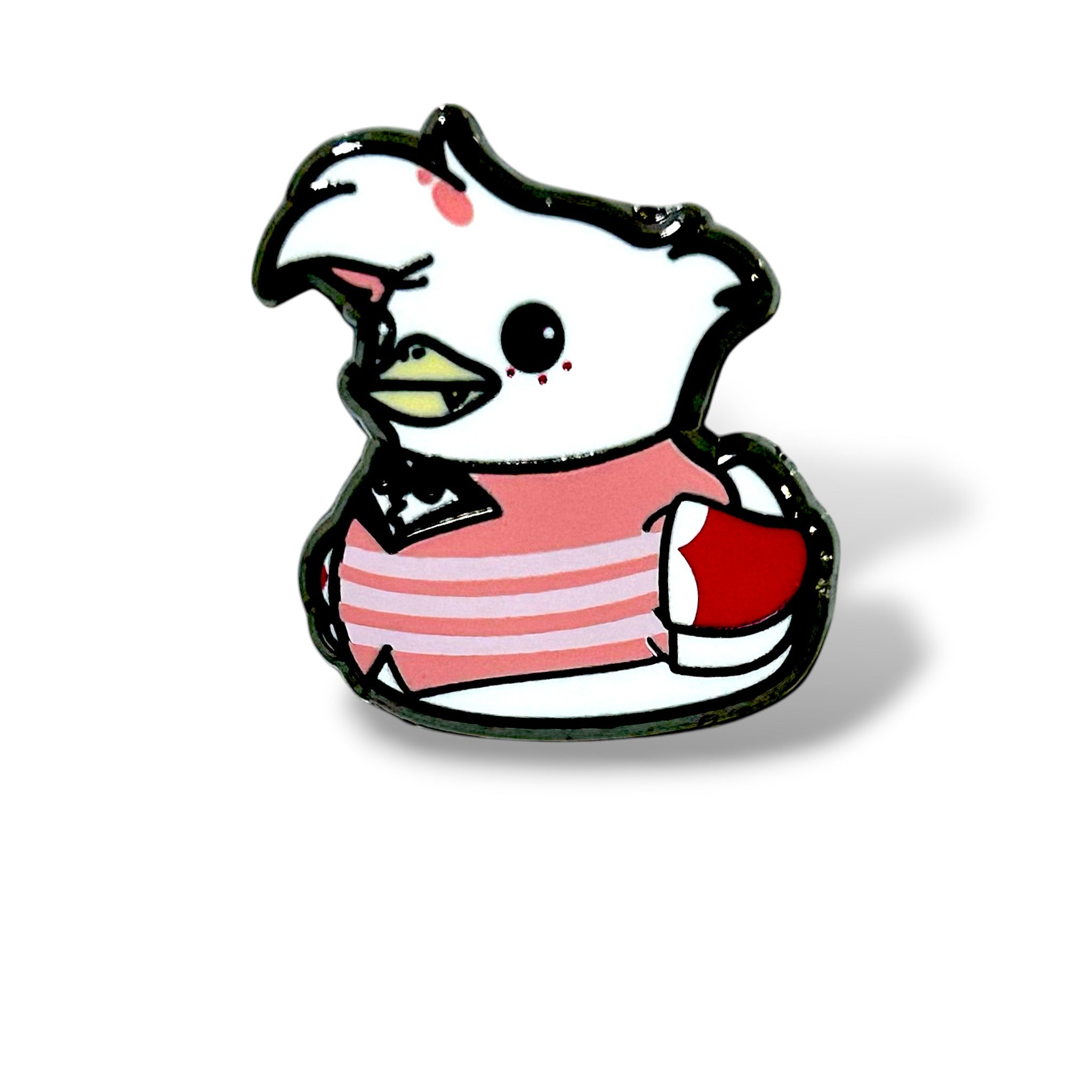 Cartoon-style enamel pin of a duck reimagined as a playful angelic character. The duck has a white head with a tuft of feathers, a pink body, and a confident expression with one eye winking. It wears a pink-and-white striped shirt and holds a red-and-white boxing glove in one wing, adding a cheeky, mischievous touch. Outlined in black with glossy enamel finish, the design is colorful, whimsical, and perfect for collectors.