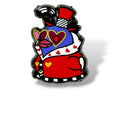 Cartoon-style enamel pin of a duck reimagined as a flamboyant moth-themed character. The duck has a purple face with a pink beak, wearing oversized heart-shaped sunglasses with red lenses and yellow frames. It is dressed in a bright red coat with white trim, heart motifs, and a black-and-white checkered hem. A tall red top hat with feathers and a black band completes the look. The design is glossy, colorful, and playful, making it a bold collector’s piece.