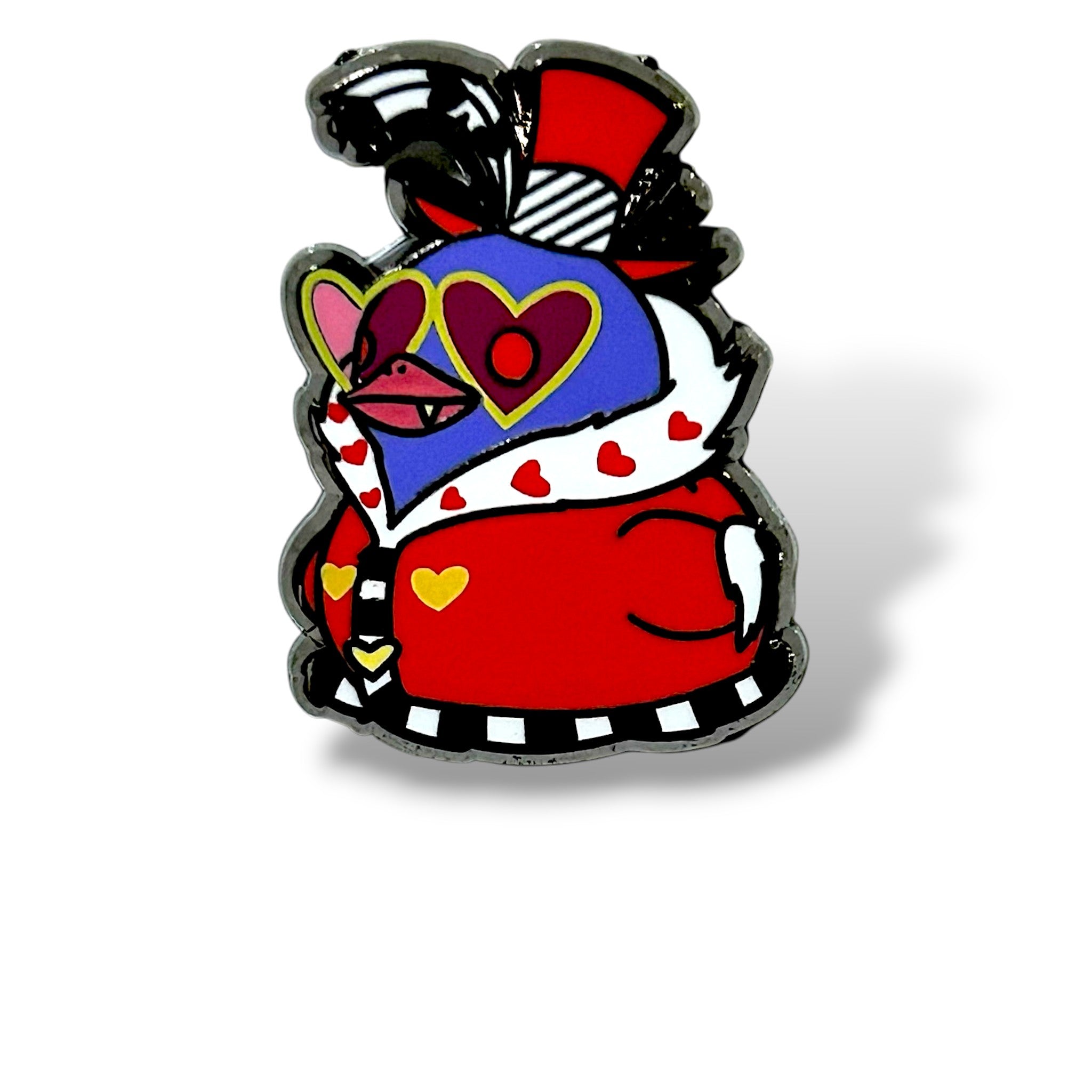 Cartoon-style enamel pin of a duck reimagined as a flamboyant moth-themed character. The duck has a purple face with a pink beak, wearing oversized heart-shaped sunglasses with red lenses and yellow frames. It is dressed in a bright red coat with white trim, heart motifs, and a black-and-white checkered hem. A tall red top hat with feathers and a black band completes the look. The design is glossy, colorful, and playful, making it a bold collector’s piece.