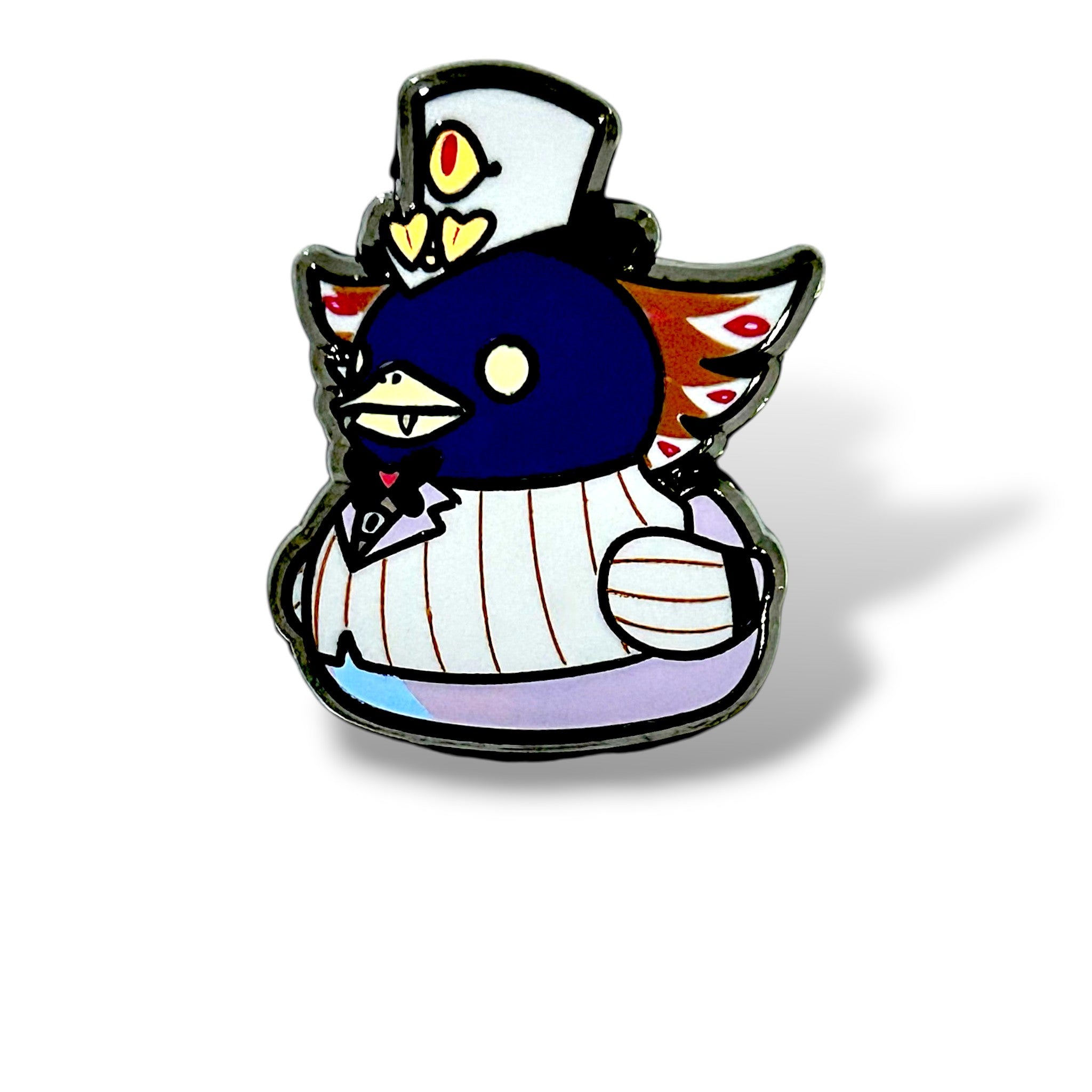 Cartoon-style enamel pin of a duck character dressed as “Sir Pen” in a formal outfit. The duck has a dark blue head with a yellow beak, one white circular eye, and a monocle over the other. It wears a white top hat decorated with a red eye design, a white pinstripe suit with a red bow tie, and has red-and-white feathered wings. The rounded body has a light purple lower half with a blue accent at the bottom. The design is outlined in metal with a glossy enamel finish, giving it a polished and whimsical 