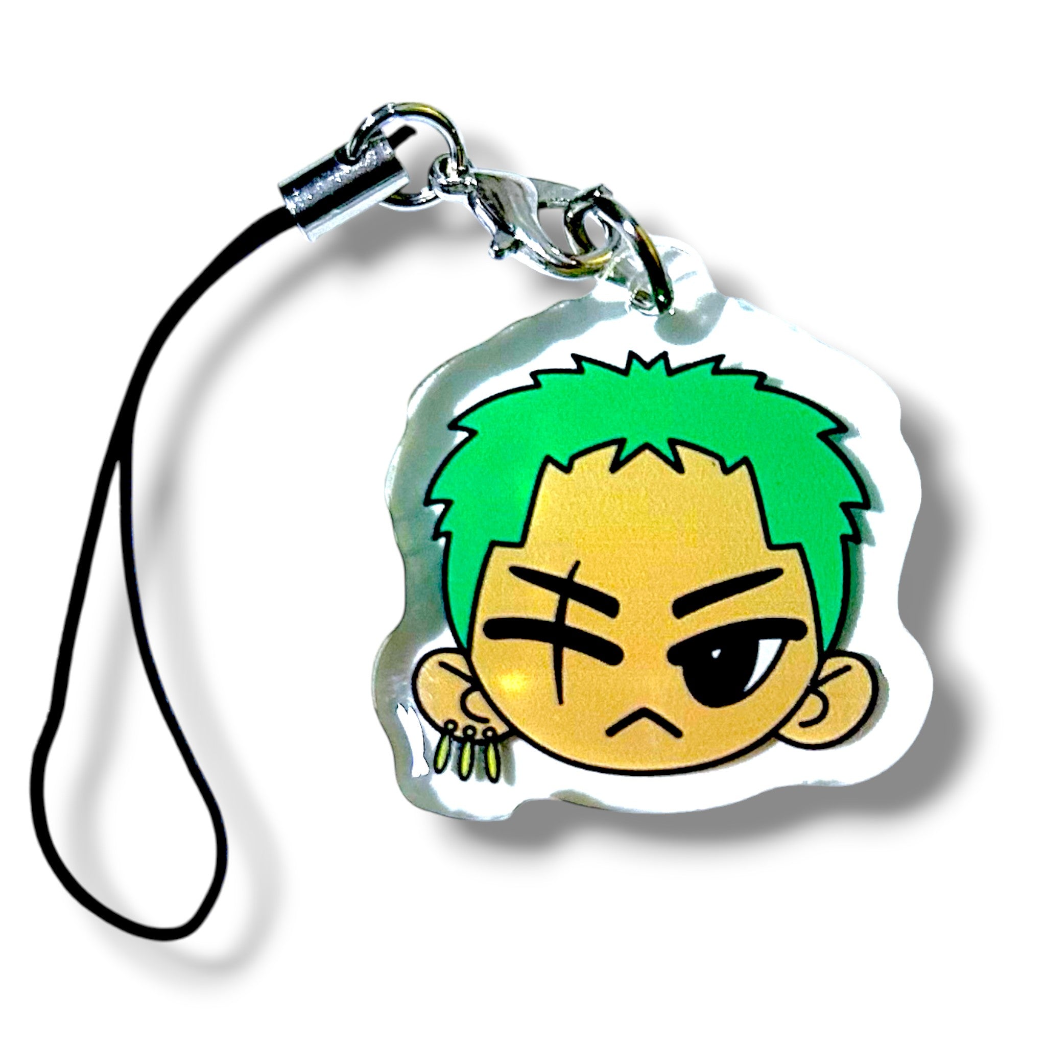Acrylic keychain charm featuring a stylized cartoon character with green spiky hair, a prominent scar over the left eye, and a serious expression. The character has three hoop earrings on the left ear and is depicted in a bold, anime-inspired style. The charm is attached to a black strap with a silver clasp, making it a striking accessory for fans of pirate-themed animation.