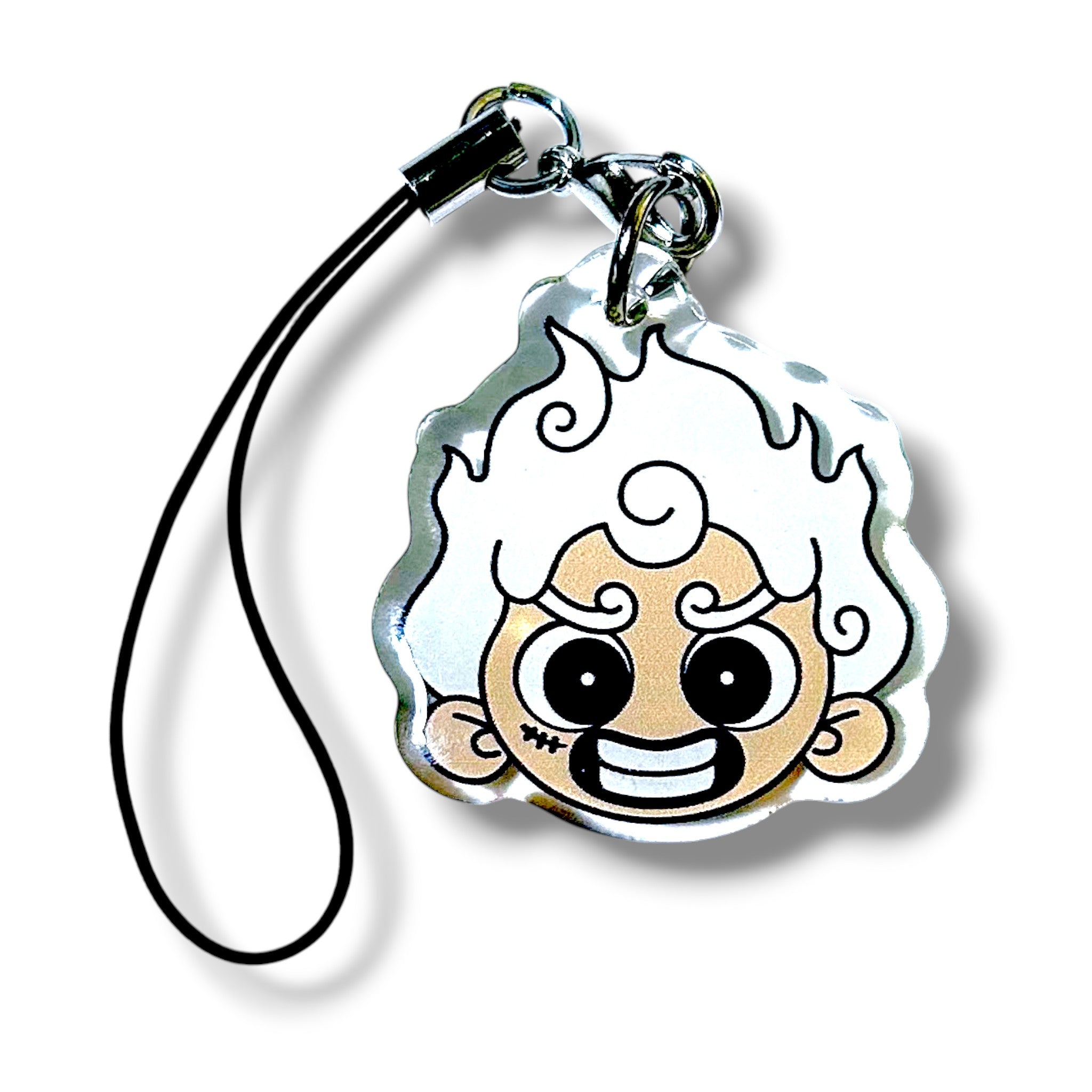 Cartoon-style keychain charm featuring a wild-haired character with exaggerated white hair, thick eyebrows, large expressive eyes, and a wide toothy grin. The character has a small scar or mark on the left cheek and is attached to a black strap with a silver clasp. The design is bold and energetic, evoking a pirate-inspired anime aesthetic with a playful and rebellious vibe.
